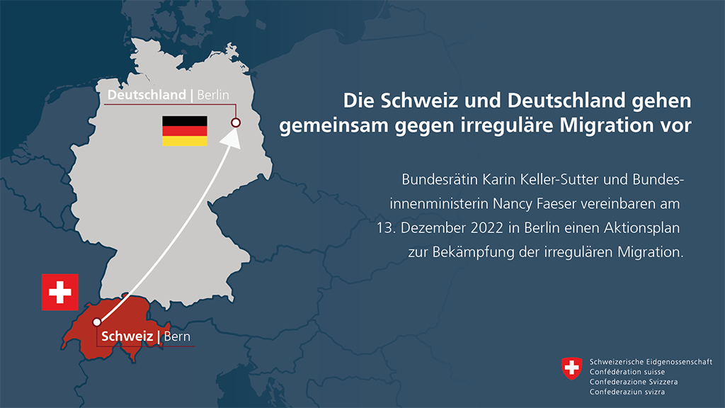 Die Schweiz und Deutschland gehen gemeinsam gegen irreguläre Migration vor. Bundesrätin Karin Keller-Sutter und Bundesinnenministerin Nancy Faeser vereinbaren am 13.12.2022 in Berlin einen Aktionsplan.