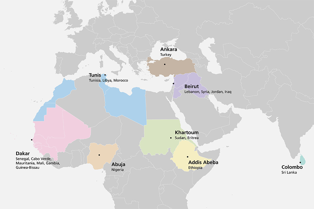 A map of Europe and Africa, extending to Sri Lanka shows the eight locations for Swiss immigration liaison officers in Ankara, Beirut, Tunis, Dakar, Abuja, Khartoum, Addis Ababa and Colombo.