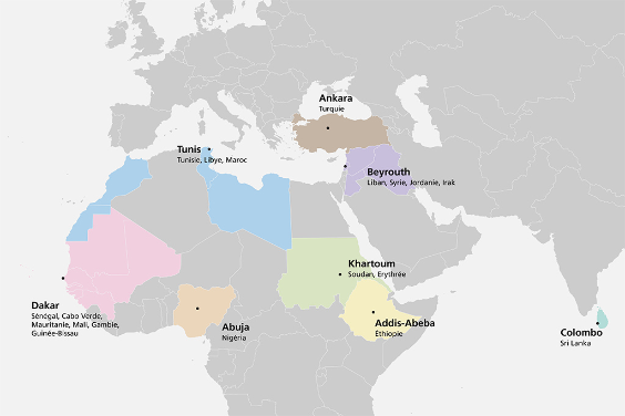 Une carte couvrant l'Europe, l'Afrique et le Sri Lanka montre les huit emplacements des Immigration Liaison Officers à Ankara, Beyrouth, Tunis, Dakar, Abuja, Khartoum, Addis Abeba et Colombo.